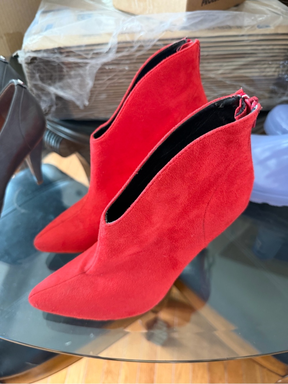 Red Suede Pointed-Toe Ankle Booties
